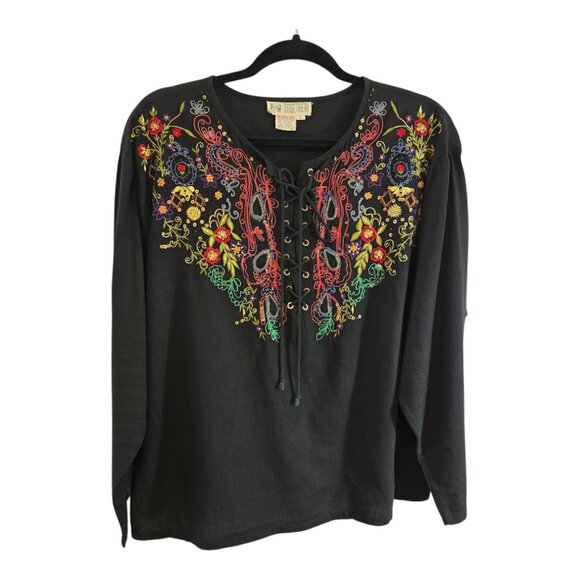 TOGETHER VINTAGE BLACK LACED PEASANT TOP SIZE LARGE RELAXED COTTON RAYON BLEND - Picture 1 of 7